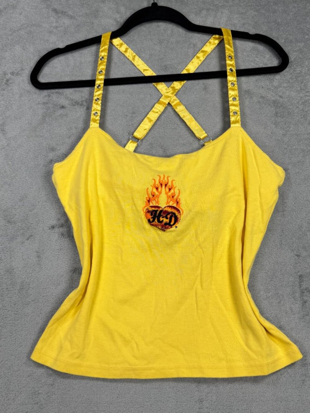 Y2K 2000s Harley Davidson Yellow Flaming Heart Embroidery Crop Top L Moto Biker